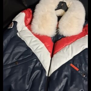 Men's Navy and Red Bomber Jacket with Faux Fur Collar